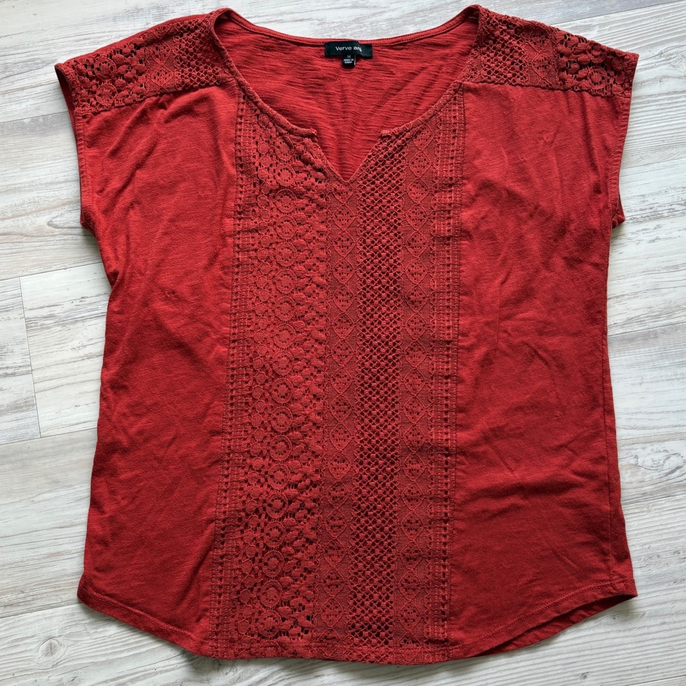 Verve Ami Womens Rust Red Crochet Lace V-Neck Cap Sleeve Top Medium RN114188